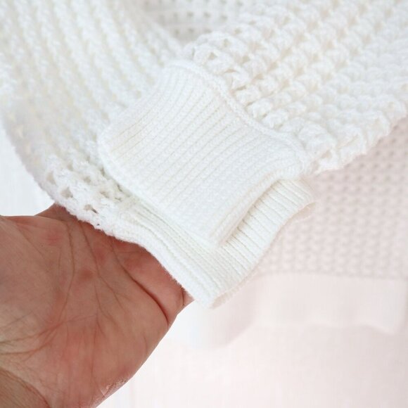 LOFT Cotton Open Knit Sweater Size Medium in White with Scalloped Neck - Picture 3 of 9